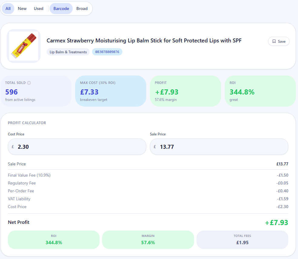 ScanJunki scanning a real product — showing profit calculation, sold data, and fee breakdown